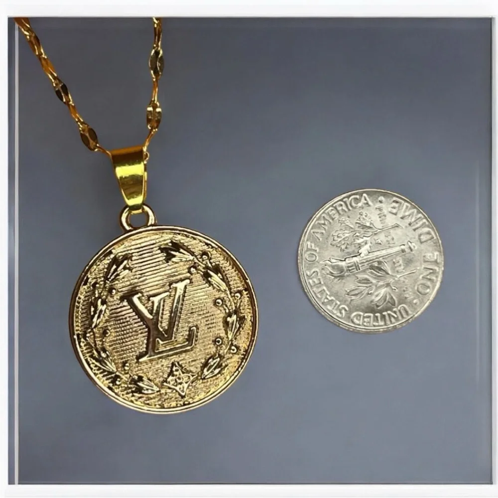 Gold Vintage LV Stamped Upcycled Charm Pendant Necklace - Picture 3 of 9